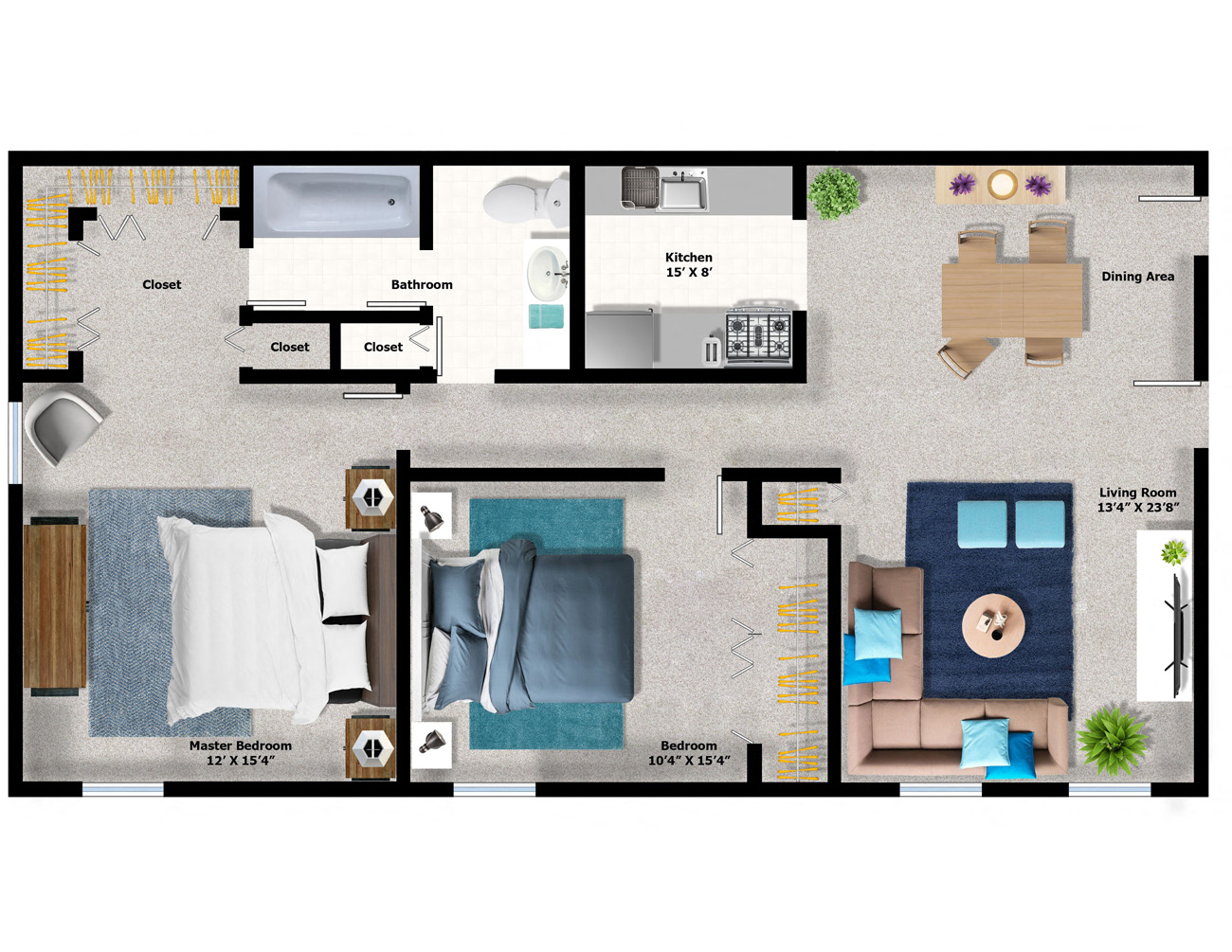 Floor plan for 2 beds, 1 bath, 912 sqft